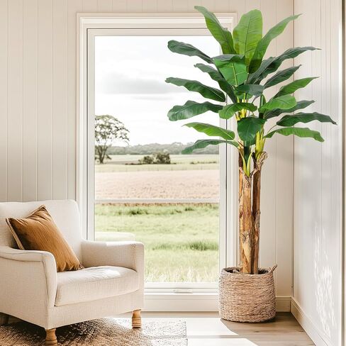 GarveeHome Artificial Banana Tree, 7FT Faux Banana Tree with Grey Planter, Artificial Plants with 24 Faux Banana Leaves Plant for Home Office Decor in Saudi Arabia