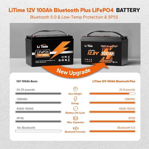 Litime 12V 100ah OBM Bluetooth LifePo4 بطارية مع حماية منخفضة الإيقاع ، مجموعة 31 بطارية الليثيوم ، 100A BMS ، كحد أقصى. 15000 دورة ، مثالية للتصيد المحركات ، RVs ، القارب ، البحرية ، خارج الشبكة in Kuwait
