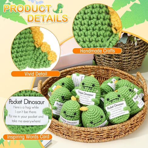 12 PCS Mini Funny Funny Epiral Dinosaur Higds Handmade Crochet Dino مع Card Pocket Dinosaur Hug Hights Up Hompts for Women Men Family Friends Home Home Decoration in Kuwait