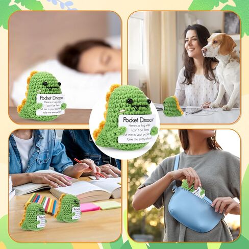 12 PCS Mini Funny Funny Epiral Dinosaur Higds Handmade Crochet Dino مع Card Pocket Dinosaur Hug Hights Up Hompts for Women Men Family Friends Home Home Decoration in Kuwait