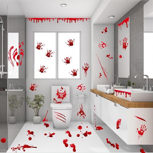 136Pcs Halloween Decorations Indoor, Scary Bloody Handprints Wall Decals Pumpkin Eyeballs Skull Window Stickers with Tattoos for Home Bedroom Floor Bathroom Door Decor (Red Handprints Footprints) in Saudi Arabia