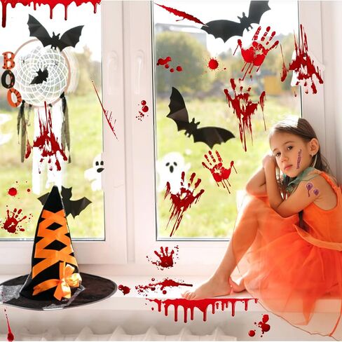136Pcs Halloween Decorations Indoor, Scary Bloody Handprints Wall Decals Pumpkin Eyeballs Skull Window Stickers with Tattoos for Home Bedroom Floor Bathroom Door Decor (Red Handprints Footprints) in Saudi Arabia