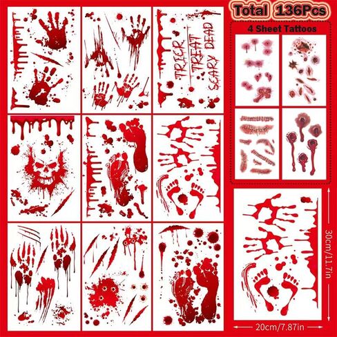 136Pcs Halloween Decorations Indoor, Scary Bloody Handprints Wall Decals Pumpkin Eyeballs Skull Window Stickers with Tattoos for Home Bedroom Floor Bathroom Door Decor (Red Handprints Footprints) in Saudi Arabia