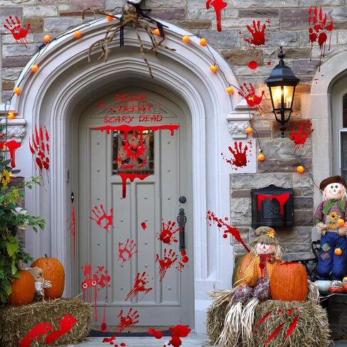 136Pcs Halloween Decorations Indoor, Scary Bloody Handprints Wall Decals Pumpkin Eyeballs Skull Window Stickers with Tattoos for Home Bedroom Floor Bathroom Door Decor (Red Handprints Footprints) in Saudi Arabia