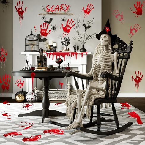 136Pcs Halloween Decorations Indoor, Scary Bloody Handprints Wall Decals Pumpkin Eyeballs Skull Window Stickers with Tattoos for Home Bedroom Floor Bathroom Door Decor (Red Handprints Footprints) in Saudi Arabia