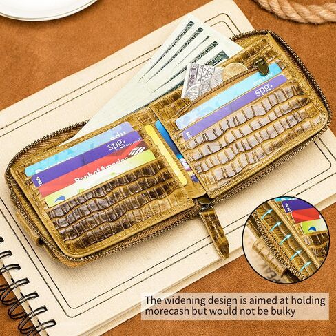 Crocodile patterned wallet Genuine Leather Wallet for Men Large Capacity ID Window Card Case with Zip Coin Pocket (Brown) in Saudi Arabia