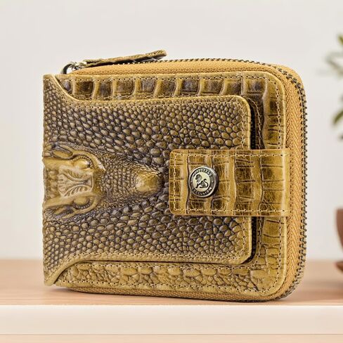 Crocodile patterned wallet Genuine Leather Wallet for Men Large Capacity ID Window Card Case with Zip Coin Pocket (Brown) in Saudi Arabia