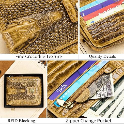 Crocodile patterned wallet Genuine Leather Wallet for Men Large Capacity ID Window Card Case with Zip Coin Pocket (Brown) in Saudi Arabia