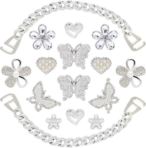 Bling Shoe Charms Set for Women, 14 Pieces with 2 Chains, Rhinestone Butterfly and Flower Decorations for Party Favors in Saudi Arabia