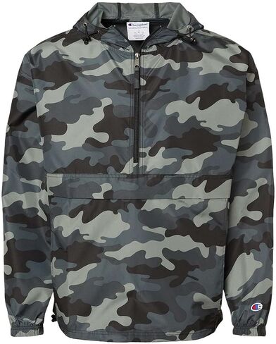 Champion CO200 Men's Hooded Packable Quarter-Zip Jacket, Lightweight Wind & Water-Resistant Pullover with Adjustable Hood (US, Alpha, Medium, Regular, Regular, Olive Green Camo) in Saudi Arabia