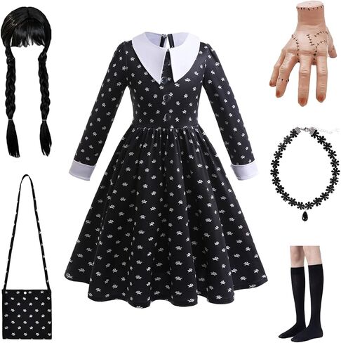 Halloween Cosplay Costume Girls Dress Kid Teen Black Outfit With Wig Bag Earrings Socks in Kuwait