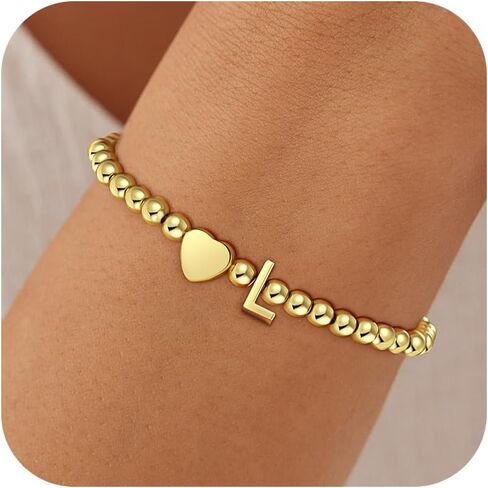 Gold Initial Bracelets for Women Girls - 18K Gold Plated A-Z Heart Initial Bracelet Dainty Beaded Bracelet Gold Bracelets for Women Teen Girl Gifts Trendy Stuff in Saudi Arabia