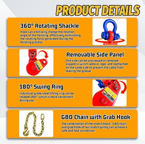 2 طن كتلة الخطف مع سلسلة وتكبل دوار، مجموعة بكرة كتلة الخطف اللون الأزرق مناسبة ل 3/8 بوصة سلك حبل مسطحة سحب شاحنة التراجع هادم سيارة الناقل ونش، سحب كتلة ونش in Kuwait