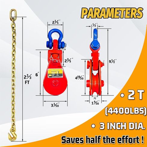 2 طن كتلة الخطف مع سلسلة وتكبل دوار، مجموعة بكرة كتلة الخطف اللون الأزرق مناسبة ل 3/8 بوصة سلك حبل مسطحة سحب شاحنة التراجع هادم سيارة الناقل ونش، سحب كتلة ونش in Kuwait