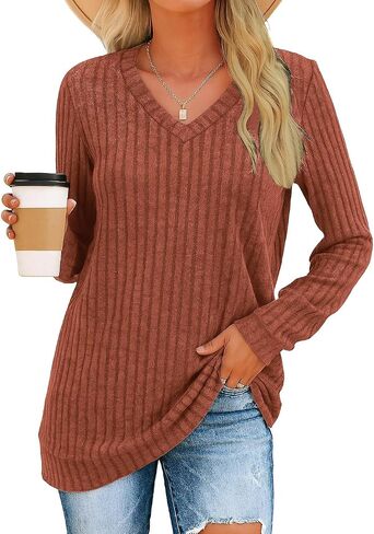 NORACORA V Neck Long Sleeve Shirts for Women Casual Fall Tops Lightweight Tunic Sweaters Trendy 2025 in Kuwait
