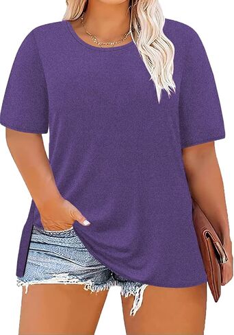 Women's Plus Size Crewneck Tops Half Sleeve Summer T-Shirt Loose Fit Blouse Casual Tunic with Side Split XL- 5XL in Saudi Arabia