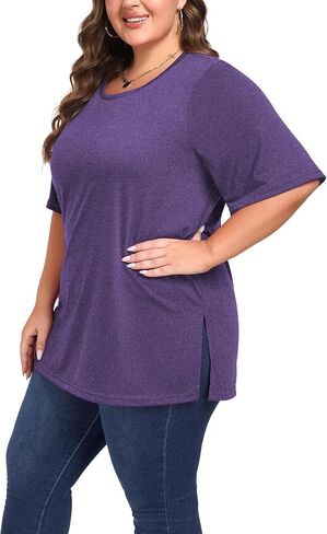 Women's Plus Size Crewneck Tops Half Sleeve Summer T-Shirt Loose Fit Blouse Casual Tunic with Side Split XL- 5XL in Saudi Arabia