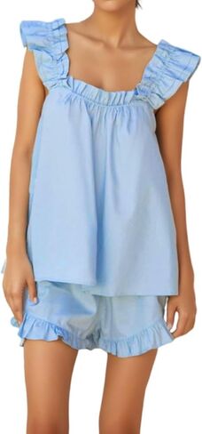 Womens 2 قطعة Pajama مجموعة أزياء الكشكش تقليم كامي والسروم الصيفي غير الرسمي مجموعات صالة ملابس النوم in Saudi Arabia