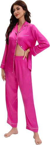 Maxbee Women's Satin Silk Pajamas Set, 2 Piece Notch Collar Silk Pjs, Button UP Pajama with Long Sleeve and Pants Silky in Kuwait