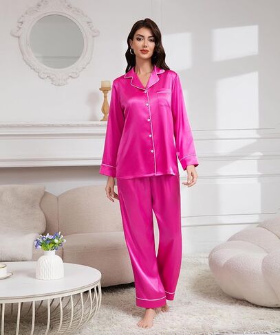 Maxbee Women's Satin Silk Pajamas Set, 2 Piece Notch Collar Silk Pjs, Button UP Pajama with Long Sleeve and Pants Silky in Kuwait