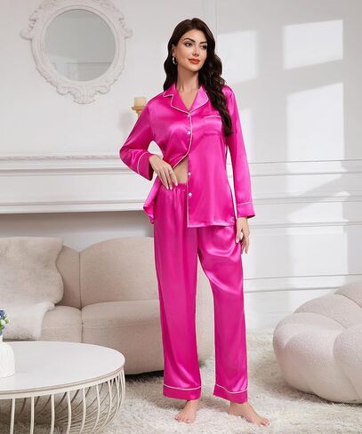 Maxbee Women's Satin Silk Pajamas Set, 2 Piece Notch Collar Silk Pjs, Button UP Pajama with Long Sleeve and Pants Silky in Kuwait