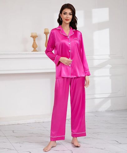 Maxbee Women's Satin Silk Pajamas Set, 2 Piece Notch Collar Silk Pjs, Button UP Pajama with Long Sleeve and Pants Silky in Kuwait