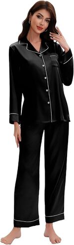 Maxbee Women's Satin Silk Pajamas Set, 2 Piece Notch Collar Silk Pjs, Button UP Pajama with Long Sleeve and Pants Silky in Kuwait