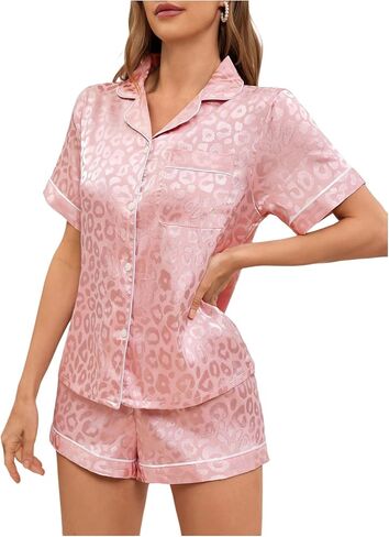 Oyoangle Women's 2 قطعة النمر Satin Pajama Set Button Down Down and Shorts PJS Sleepwear in Saudi Arabia