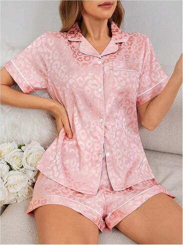 Oyoangle Women's 2 قطعة النمر Satin Pajama Set Button Down Down and Shorts PJS Sleepwear in Saudi Arabia