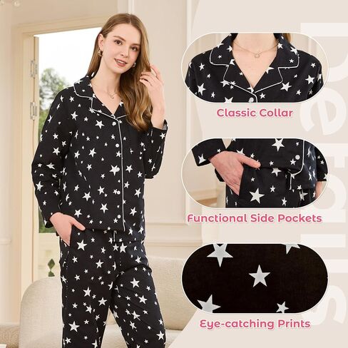 HEARTNICE Women's 100% Cotton Long Sleeve Pajama Set, 2-Piece Cozy Flannel Print PJs Button Up Ladies Sleepwear in Saudi Arabia