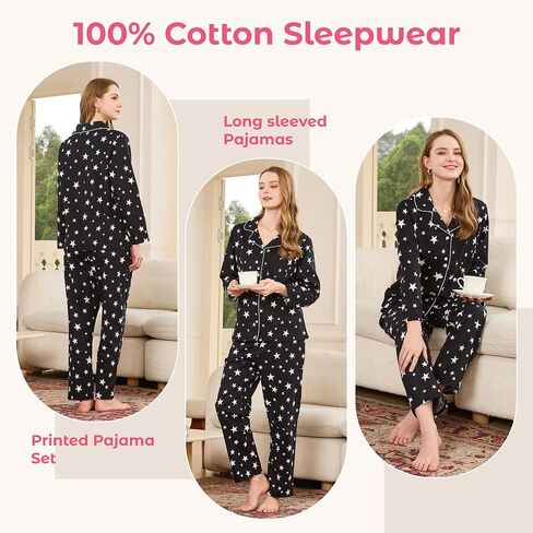 HEARTNICE Women's 100% Cotton Long Sleeve Pajama Set, 2-Piece Cozy Flannel Print PJs Button Up Ladies Sleepwear in Saudi Arabia