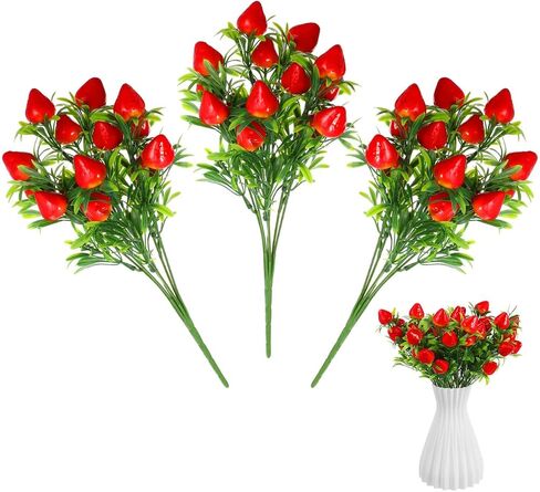 Angoily 3Pcs Artificial Red Strawberry Branches Decor, Simulated Strawberry Bouquet, Strawberries Decor for Home, Party, and Holiday Decoration-Faux Stems for Creative Floral Arrangements 10.6in/27cm in Saudi Arabia