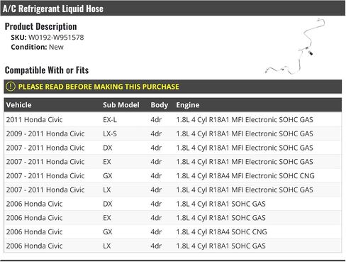 A/C Refrigerant Liquid Hose - Compatible With 2006-2011 Honda Civic 4-Door in Saudi Arabia