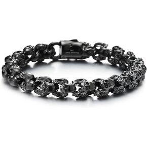 COOLSTEELANDBEYOND Gothic Biker Black 3D Link of Skulls Bracelet for Men Women Polished in Saudi Arabia