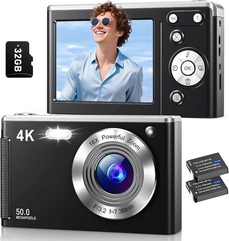 4K Digital Camera,Autofocus 50MP UHD Vlogging Camera for YouTube,Compact Camera with 16X Digital ZoomAnti-Shake,Travel Camera with 32GB Card, 2 Batteries for Beginners and Teens in Saudi Arabia