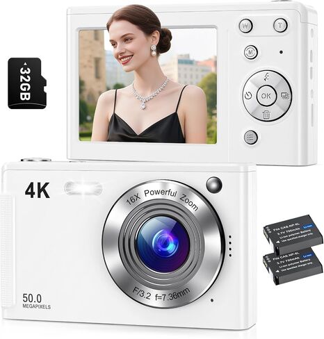 4K Digital Camera,Autofocus 50MP UHD Vlogging Camera for YouTube,Compact Camera with 16X Digital ZoomAnti-Shake,Travel Camera with 32GB Card, 2 Batteries for Beginners and Teens in Saudi Arabia