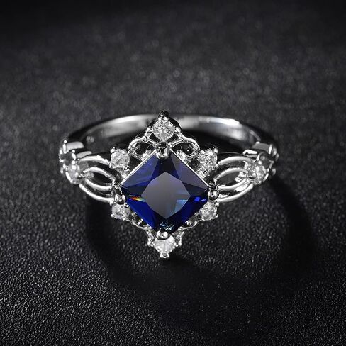GuideCun Princess Cut Women's Women’s Rates Blue الياقوت الخاتم المولد Solitaire خاتم الخطوبة Filgree Zircon خاتم الزفاف (الولايات المتحدة الحجم 7) in Kuwait