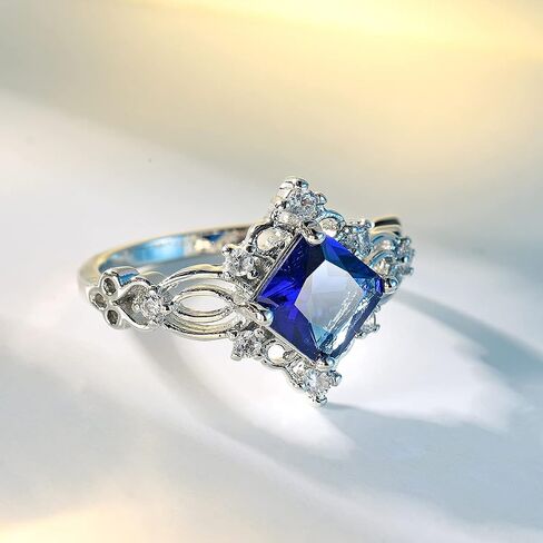 GuideCun Princess Cut Women's Women’s Rates Blue الياقوت الخاتم المولد Solitaire خاتم الخطوبة Filgree Zircon خاتم الزفاف (الولايات المتحدة الحجم 7) in Kuwait