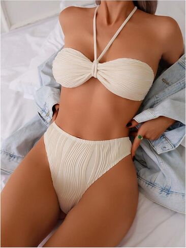 MakeMeChic Women's Halter Bikini Set Textured Pearl Tie Back Bathing Suit Swimsuits in Saudi Arabia