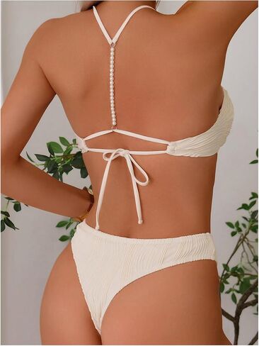 MakeMeChic Women's Halter Bikini Set Textured Pearl Tie Back Bathing Suit Swimsuits in Saudi Arabia