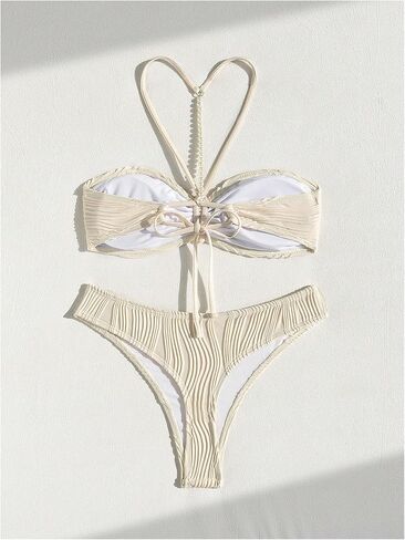 MakeMeChic Women's Halter Bikini Set Textured Pearl Tie Back Bathing Suit Swimsuits in Saudi Arabia