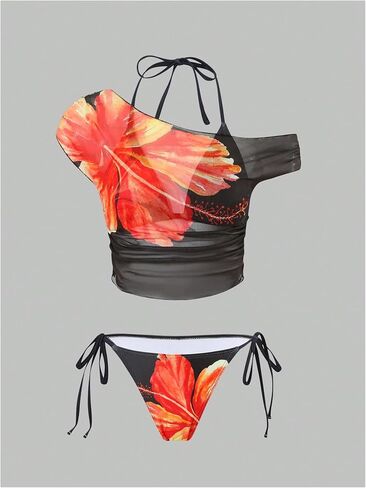 Women's 3 Piece Bikini Set Floral Tie Back Halter Swimsuit with Cover Up Top Beachwear in Saudi Arabia
