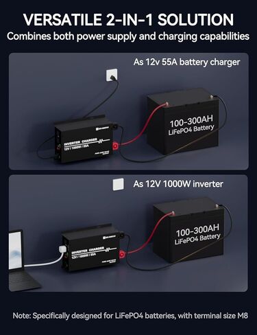 ECO-WORTHY Inverter Charger 25A Lifepo4 Battery Charger with 600W Inverter Pure Sine Wave 12V to 110V UPS for Deep-Cycle Batteries, Car RV Boat Houses Camping in Kuwait
