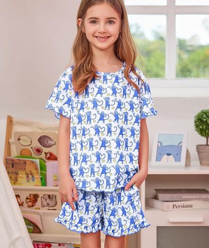 SWOMOG Girls Pajama Set Short Sleeve Tops & Ruffled Shorts with Pocket 2 Piece Summer Pajamas for Kids Size 6-15 in Saudi Arabia