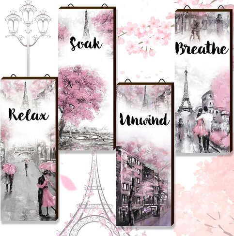 Gerrii Pink and Grey Bathroom Decor Pink Paris Decor Relax Soak Unwind Breathe Pink Gray Wall Art Pink Bathroom Accessories (Diamond, 11.81 x 6.69 Inch) in Kuwait