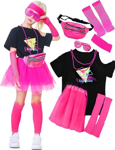 13 Pieces Girls 80s Outfit Accessories Set 1980s Themed Party Clothes Halloween Costumes T-Shirt Tutu Kids Cosplay in Saudi Arabia