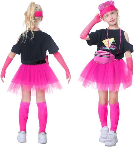 13 Pieces Girls 80s Outfit Accessories Set 1980s Themed Party Clothes Halloween Costumes T-Shirt Tutu Kids Cosplay in Saudi Arabia