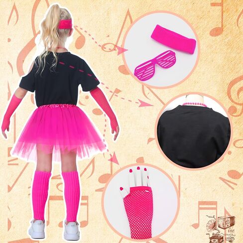 13 Pieces Girls 80s Outfit Accessories Set 1980s Themed Party Clothes Halloween Costumes T-Shirt Tutu Kids Cosplay in Saudi Arabia