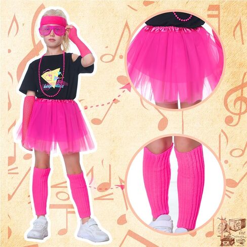 13 Pieces Girls 80s Outfit Accessories Set 1980s Themed Party Clothes Halloween Costumes T-Shirt Tutu Kids Cosplay in Saudi Arabia