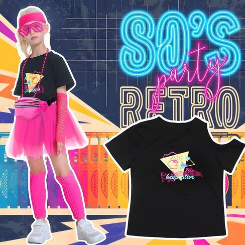13 Pieces Girls 80s Outfit Accessories Set 1980s Themed Party Clothes Halloween Costumes T-Shirt Tutu Kids Cosplay in Saudi Arabia